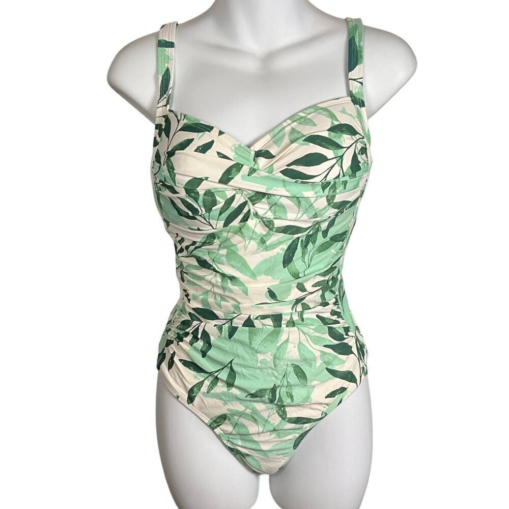 Nip Tuck Swim Green Leaf One Piece Swimsuit US 8 Ruched Tummy Control Botanical